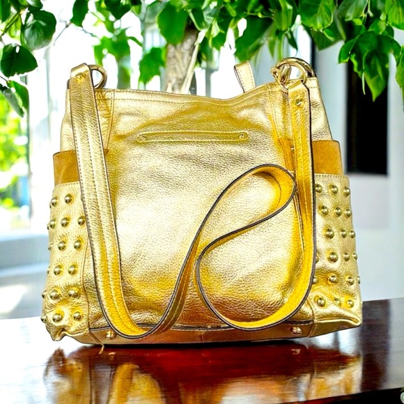 B Makowsky Metallic Gold Studded Shoulder Bag Y2K - Picture 4 of 4